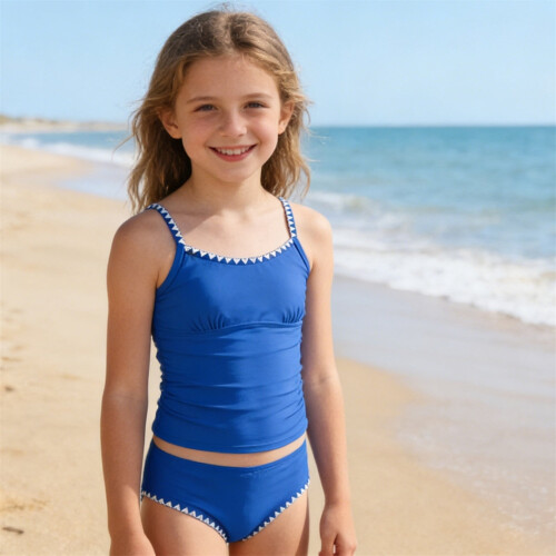 Μπλε μαγιό Tankini για κορίτσια, 11-12 ετών, μονόχρωμο με τελείωμα σε αντίθεση, με 1