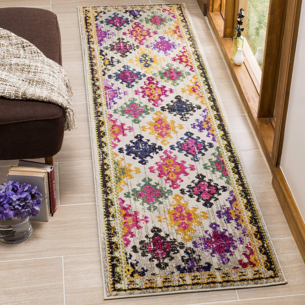 Safavieh Boho Chic Indoor Woven Runner Area Rug, Monaco Collection, Mnc244, In Ivory / Multi, 66 X 244 Cm For Living Room, Bedroom Or Any Indoor Space