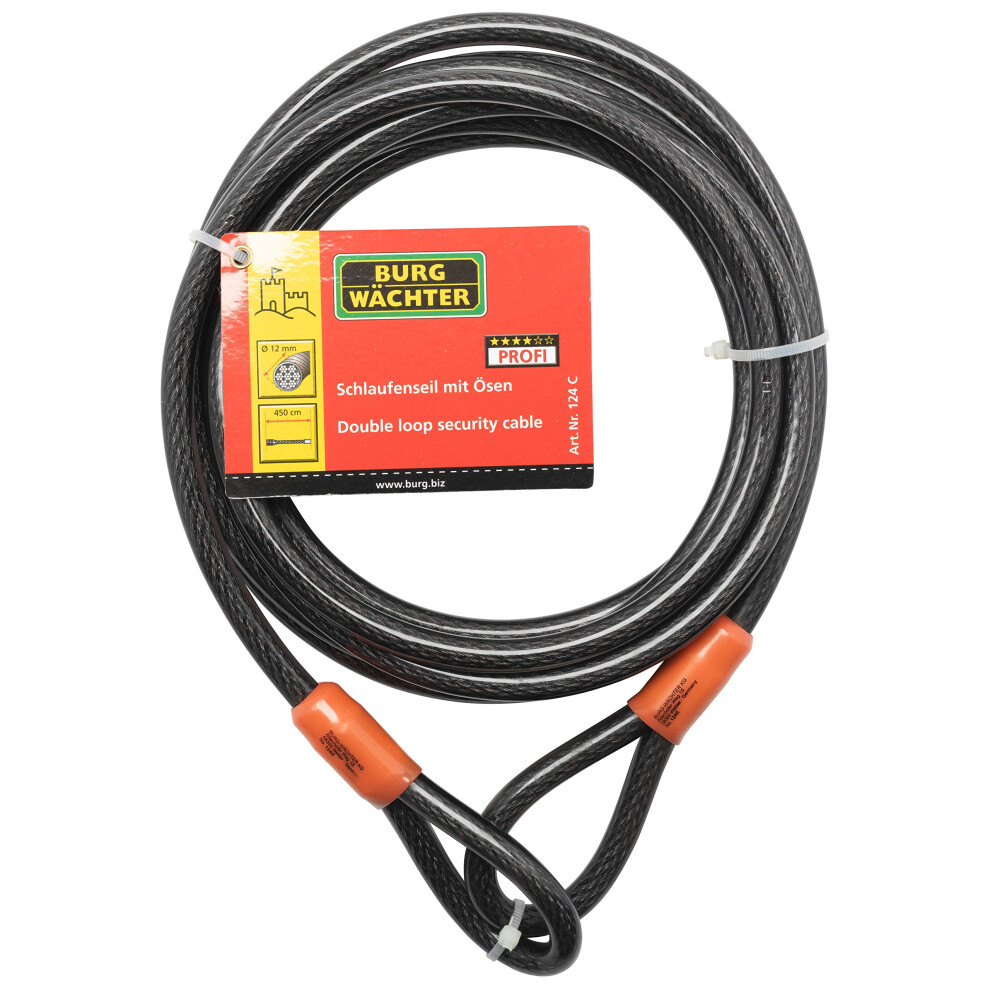 Burg-Wachter 124C Double Loop Vinyl Coated Multi-Stranded Braided Steel Cable With Self Coiling, Black, 12Mm X 4.5M 5051224594115