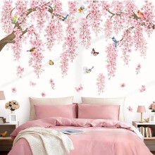 wondever Large Pink Flowers Tree Branch Wall Stickers Cherry Blossom Floral Birds Peel and Stick Wall Art Decals for Living Room Bedroom Sofa