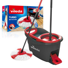 Vileda Turbo Microfibre Mop and Bucket Set, Spin Mop for Cleaning Floors, Set of 1x Mop and 1x Bucket,Grey/Red,48.5 x 27.5 x 28 cm
