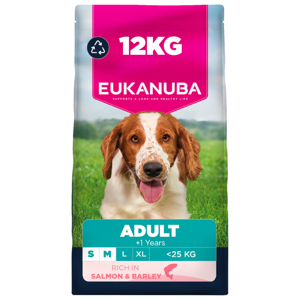 Eukanuba & Barley - Complete Dry Dog Food - For Adult Small & Medium Breed Dogs 12Kg Salmon