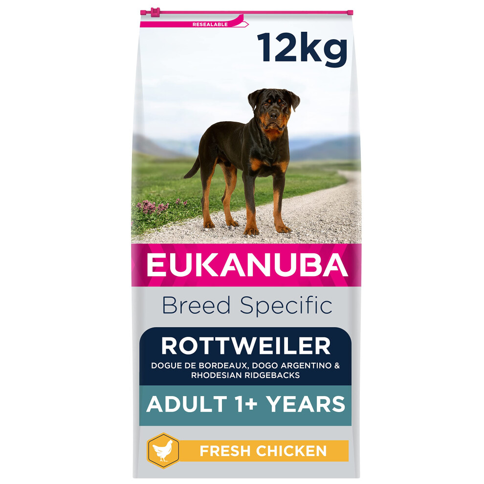 Eukanuba Complete Dry Dog Food For Adult Rottweiler Breed Types With Fresh Chicken 12 Kg, Packaging May Vary