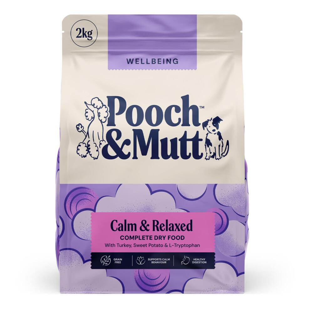 Pooch & Mutt - Calm & Relaxed Complete Dry Dog Food Free (Regular Sized Kibble), For Calming Hyperactive Or Anxious Dogs, Turkey And Sweet Grain