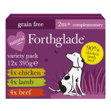 Forthglade Complementary Wet Dog Food Variety Pack (12 x 395g Trays) - Grain Free & Hypoallergenic Dog Food, Just Chicken, Lamb & Beef, 90% Protein