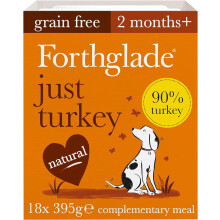 Forthglade Complementary Wet Dog Food (18 x 395g Trays) - Grain Free & Hypoallergenic Dog Food, Just 90% Turkey, Stomach Sensitive Meals with Natural