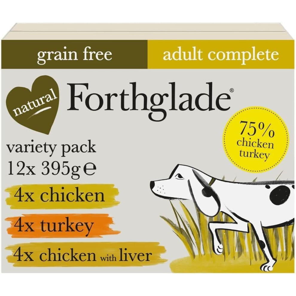 Forthglade Wet Dog Food Variety Pack (12 X 395G Trays) - Free & Hypoallergenic Dog Food, Adult 1 Year+, Chicken, Chicken With Liver & Turkey, Grain