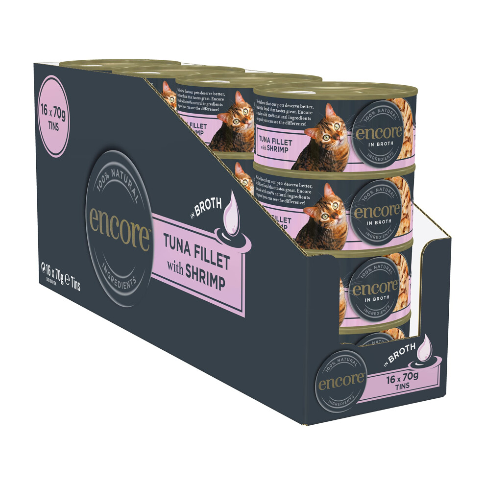 Encore 100% Natural Wet Cat Food, Tuna With Shrimp In 70 G Tins (Pack Of 16)