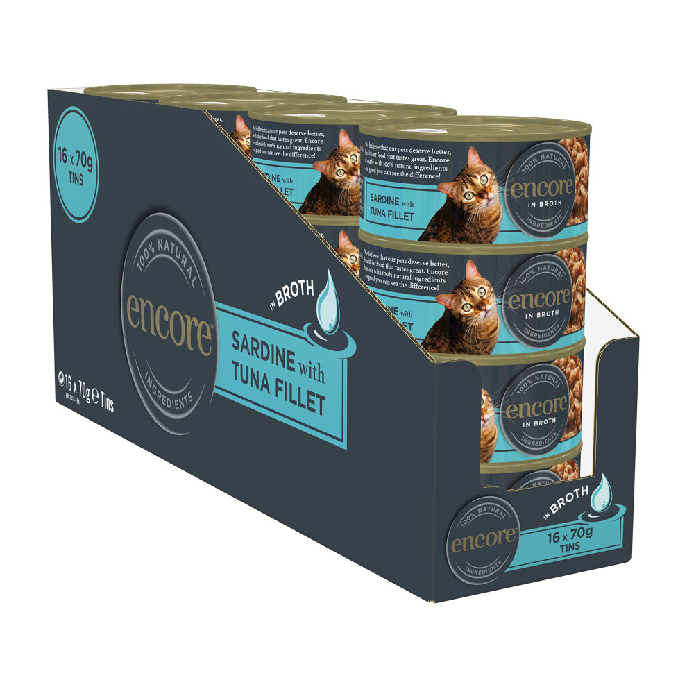 Encore 100 Percent Natural Wet Cat Food, Sardines With Tuna In Broth, 70G Tin (Pack Of 16 Tins)