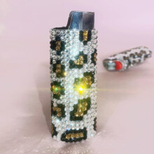 Leopard Print Sparkling Rhinestone Lighter Holder Case, Shiny Crystal Jewels Lighter Sleeve Cover for J6 Model
