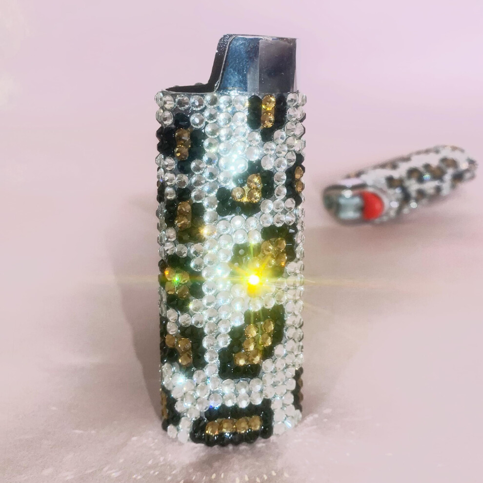 Shineyes Leopard Print Sparkling Rhinestone Lighter Holder Case, Shiny Crystal Jewels Lighter Sleeve Cover For J6 Model