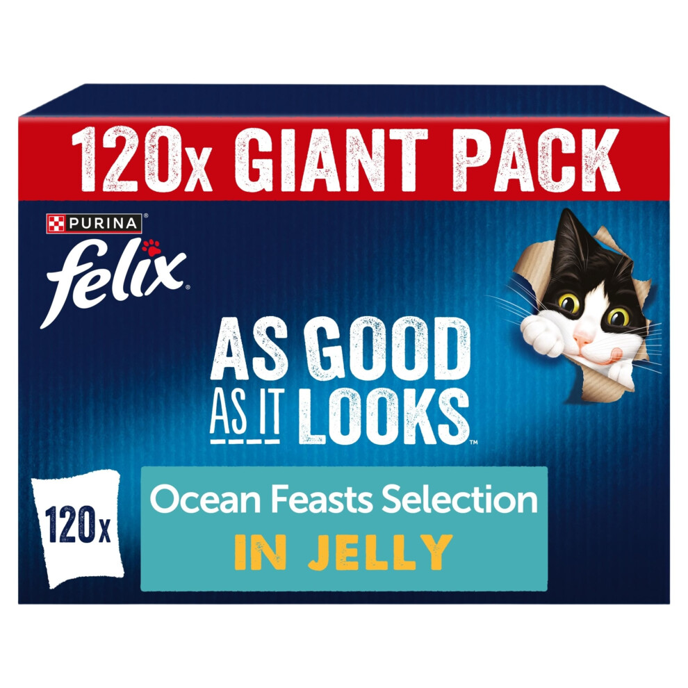 Felix As Good As It Looks Adult Wet Cat Food Ocean Feasts In Jelly Plaice, Tuna, Cod 120 X 85G Pouches Salmon