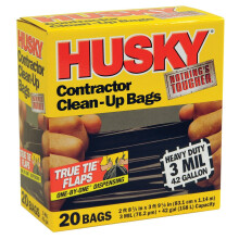 Husky HK42WC020B 42-Gallon Polyethylene Resin Contractor Clean-Up Bags, 20 Count, 4 ft L x 2 ft 9 in W x 3 mil T, Black