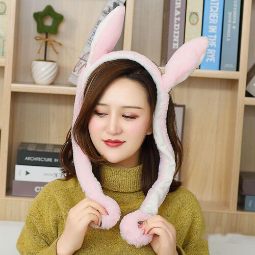 Bunny Hat Plush Ear Moving Jumping Soft Warm Pink 1