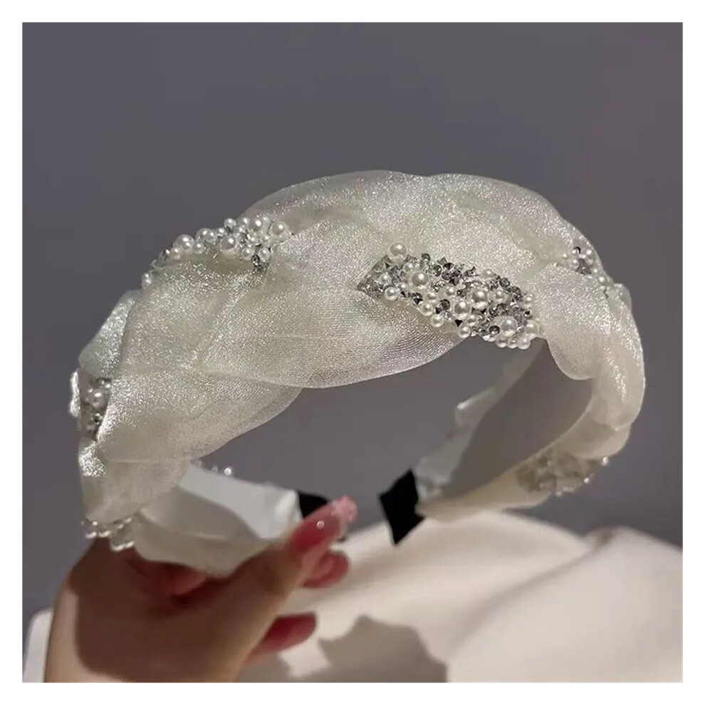 Korean Double Pearl Rhinestone Headband Lace Braided Hair