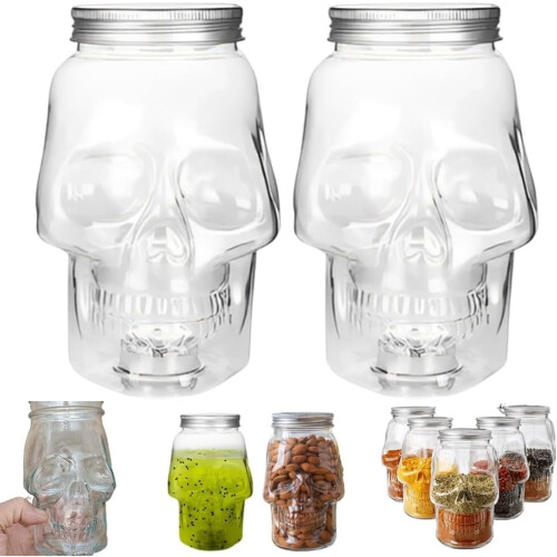 Skull Storage Jar with Lid – 12.5 oz, Clear Plastic