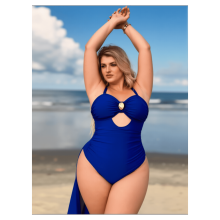 Plus Size Blue Tankini Swimsuit with Decorative Buttons and