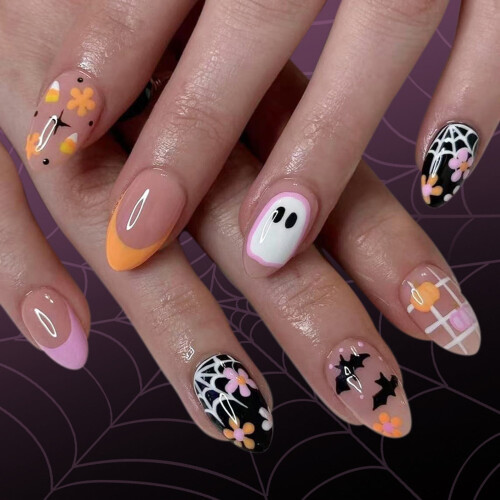 Halloween-pressnaglar – mandelformade med fladdermusdesign,