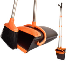 Broom and Dustpan set Soft Household Sweeper Brush Long Handled for Family Rooms and Offices (Black and Orange)