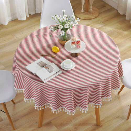 Round tablecloth cotton-linen stripe tassel 150cm