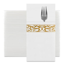 Gold Patterned Disposable Napkins - 50Pcs Linen Texture Personalised Napkins, 40 * 40cm Gold Stripe Print, Highly Absorbent, Pre-Folded, for Elegant