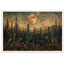Décoration murale vintage Forêt de Pleine Lune, Affiche rustique de fleurs sauvages, Impression sur toile Pin et Montagne – Décoration