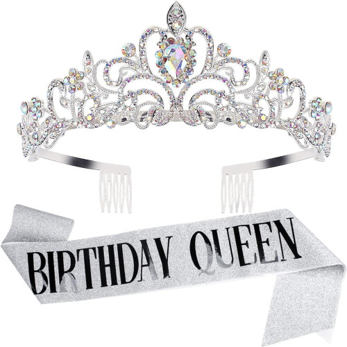 Couronne florale en strass et écharpe d'anniversaire (ensemble 2 pièces)