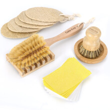 (NO PLASTIC) Washing Up Brushes and Sponges, 2 Wood Brushes + 10 Natural Sponges + 5 Loofahs+ 2 Wood Brush Holders, Plastic Free Kitchen Cleaning