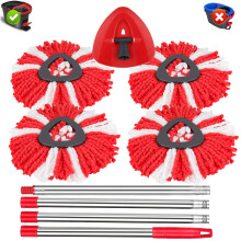 Sgizoku Microfiber Mop Fits For Viledar Turbo Spin/Smart/EasyWring&Clean 2 in 1 Tank Bucket,4 Red Mops Refills+1Spin Base+1 Long Broom Handle 148cm