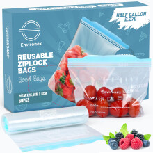 60 Pcs Environex Half Gallon Reusable Ziplock Bags for Leftovers, Leak proof, Freezer, & Microwave Safe with Expandable Bottom, Durable Food Bags,
