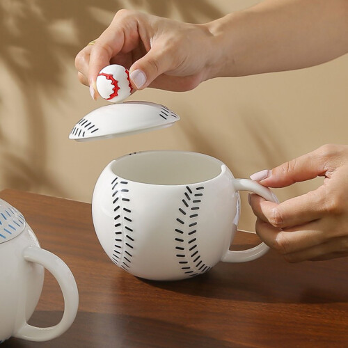 Baseball Shape Ceramic Coffee Mug 420ml Teas Cup Porcelain-Red 2