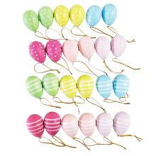 24 decorazioni pasquali a forma di uovo da appendere, in plastica, con cordino.