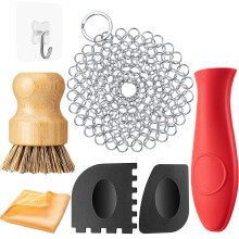 7 Pieces Cast Iron Cleaner Set Include Stainless Steel Chainmail Scrubber with Bamboo Dish Scrub Brush Hot Handle Holder 2 Pan Grill Scrapers Kitchen
