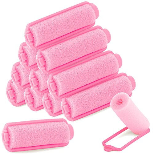Conjunto de 12 rolos de espuma para cabelo, autoadesivos e sem aquecimento, na cor rosa.