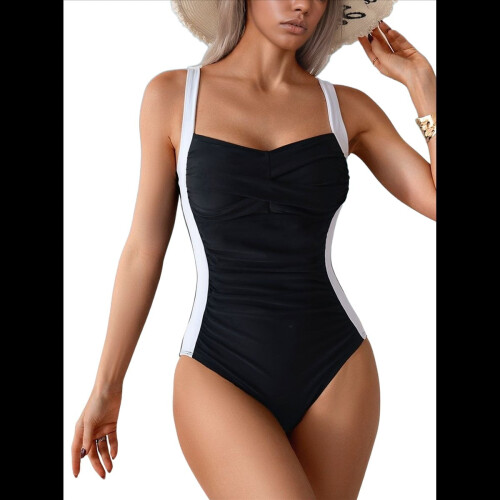 Maillot de bain une pièce ruché noir et blanc S 2