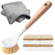 Xemnys Washing Up Brush Set, Dish Brush with Natural Wood Handle, Eco Compostable Kitchen Dish Sponge, Microfiber Cleaning Cloth, Scrubbing Brush for