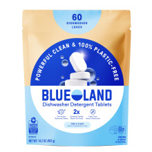 BLUELAND 100% Plastic-Free Dishwasher Detergent Tablets, 60 Count, Free & Clear, Eco-Friendly Dishwashing Pods, Natural, Sustainable