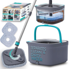 True & Tidy, True Clean Spin Mop and Bucket System, Includes Spin Mop, Dual Compartment Mop Bucket and 2 Thick Washable Microfiber Mop Pads,
