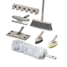 Tower Cavaletto 8 Piece Cleaning & Storage Set with Three Part Handle, Flat Mop Head, Broom Head, Microfibre Duster, Window, Tile, Scrubbing & Wall