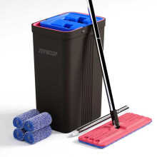 JOYMOOP Mop and Bucket with Wringer Set, Hands Free Flat Floor Mop and Bucket, with 4 Washable Microfiber Pads, Wet and Dry Use, Floor Cleaning System