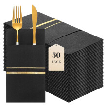 LEKOCH 50 PCS Airlaid Cutlery Napkins with Pocket - Black & Gold, Disposable Linen Feel - 43 * 30cm