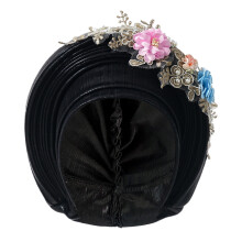 African Flower Decors Head Scarf Turban Hat for Women-Black