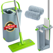 Mop and Bucket Set - Easy Gleam Floor Flat Mop with 2-Chamber Bucket - Microfibre Pads and Stainless Steel Handle - Compact and Lightweight for