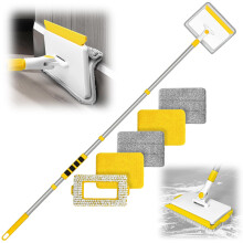 JEHONN Skirting Board Cleaner Tool with Long Handle 142 cm, Wall Mop with 1 Stiff Bristles Scrubber Brush, 2 Chenille, 2 Microfiber Pads, Baseboards