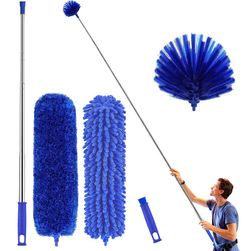 Microfiber Duster, Feather Duster Cleaning Kit with Telescoping Extension Pole 30-81 Inch, Reusable Bendable Dusters, Washable Lightweight Dusters for