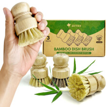 Bamboo Dish Brush Set of 3, 100% Plant-Based Washing Up Brushes for Kitchen with Sisal and Coconut Bristles, 2 Brush Types, No Scratch Wooden Dish