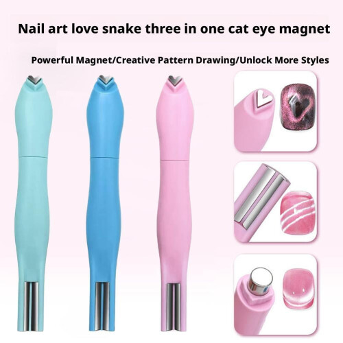 Ímã de unha 3D em formato de coração, efeito olho de gato, linha dupla, lua e cobra. 2