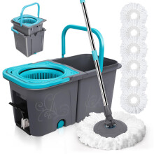 MASTERTOP Spin Mop and Bucket Set, Microfibre Mops with Wringer Bucket and Stainless Steel Handle, Foot Pedal Spin Mop for Cleaning Hardwood Tile