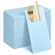 Light Blue Disposble Dinner Napkins Cloth Like with Built-in Flatware Pocket, Wedding Party Linen Feel Blue Napkins Prefolded for Silverware Wedding