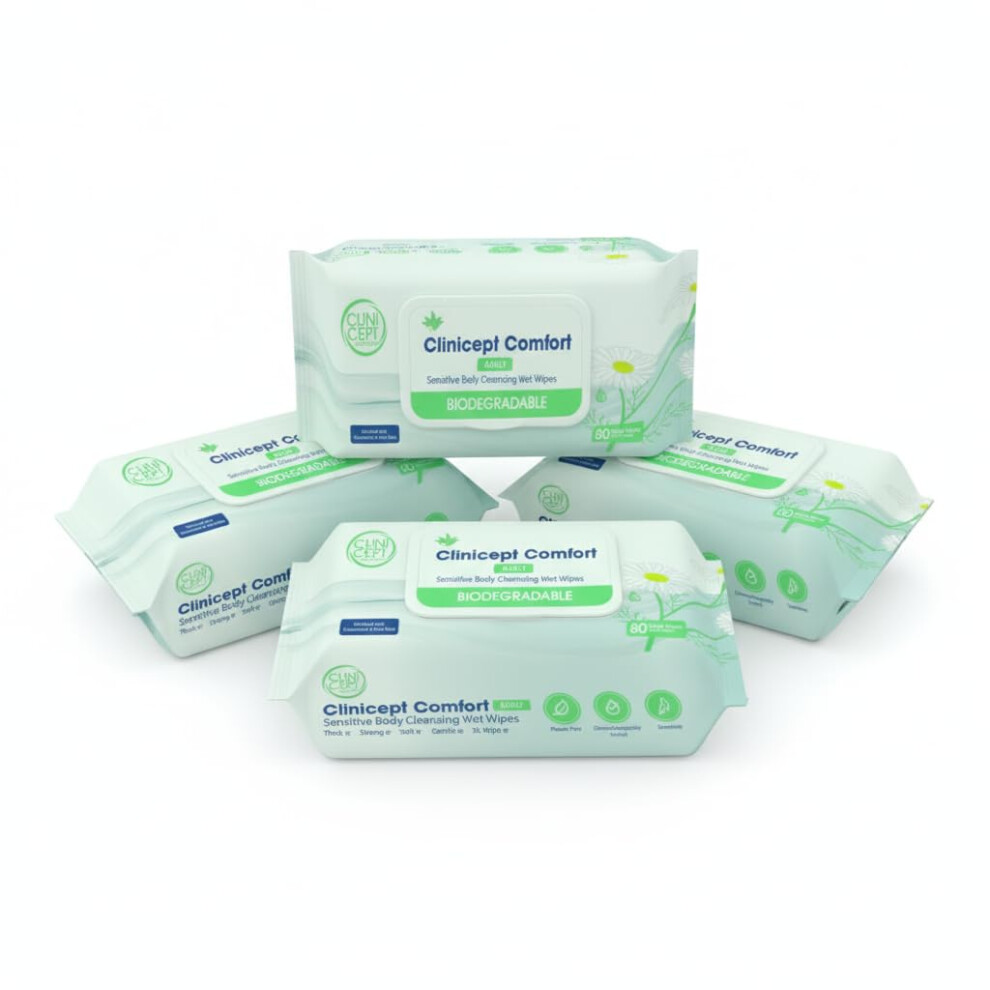 Clinicept Comfort Biodegradable Sensitive Premium Full Body Adult Cleansing Wet Wipes Large Refreshing Rinse Free Fragrance-Free Bed Bath Intimate
